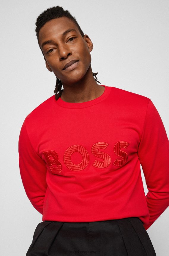 4TFNJN4483 أحمر Hugo Boss سويت شيرت من هوغو قطن تيري بقصة عادية مع شعار مطرز باللون الأحمر