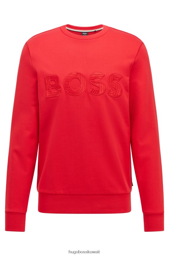 4TFNJN4483 أحمر Hugo Boss سويت شيرت من هوغو قطن تيري بقصة عادية مع شعار مطرز باللون الأحمر