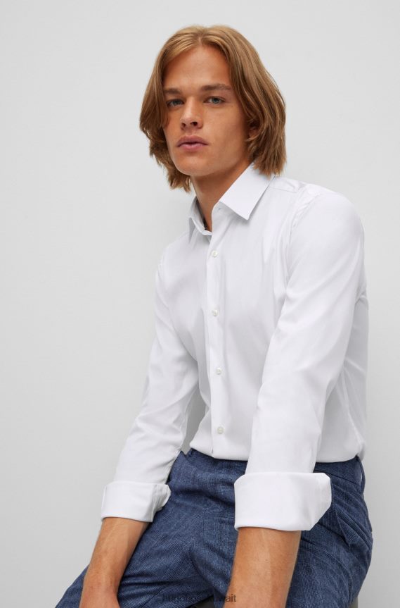 4TFNJN4484 أبيض Hugo Boss قميص بقصّة نحيفة للغاية مصنوع من قماش البوبلين الأبيض المصنوع من مزيج قطن سهل الكي