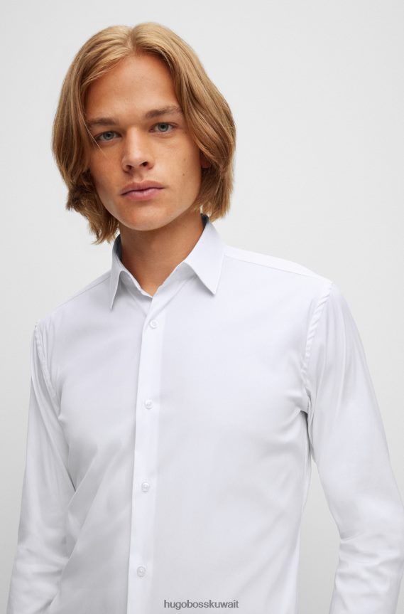 4TFNJN4484 أبيض Hugo Boss قميص بقصّة نحيفة للغاية مصنوع من قماش البوبلين الأبيض المصنوع من مزيج قطن سهل الكي
