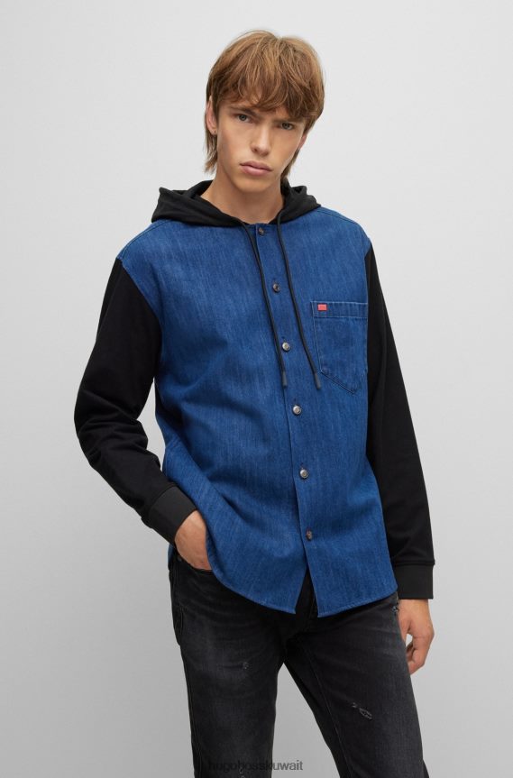4TFNJN4485 أزرق Hugo Boss قميص أزرق مقاس كبير من قماش الدنيم بأكمام متباينة من هوغو
