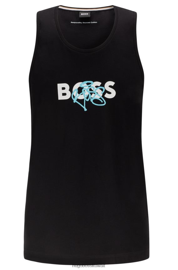 4TFNJN4490 أسود Hugo Boss قميص بدون أكمام من الجيرسي القطني مع علامة هوغو باللون الأسود على طراز الكتابة على الجدران