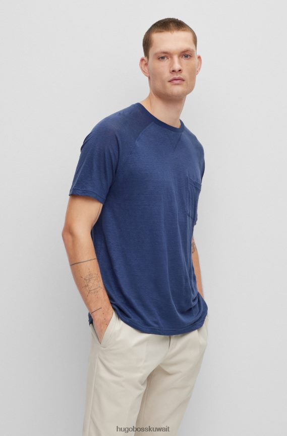 4TFNJN4492 أزرق غامق Hugo Boss تي شيرت بقصة عادية من الكتان الخالص هوغو باللون الأزرق الداكن