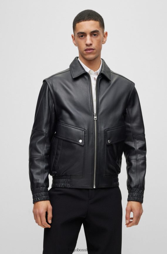 4TFNJN4496 أسود Hugo Boss سترة جلدية مرصعة بالشعار وأكمام قابلة للفصل باللون الأسود من هوغو