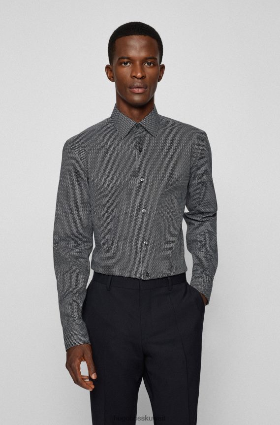 4TFNJN4497 أسود Hugo Boss قميص أسود بقصة ضيقة مزين بزخارف هوغو بلون الشمبانيا