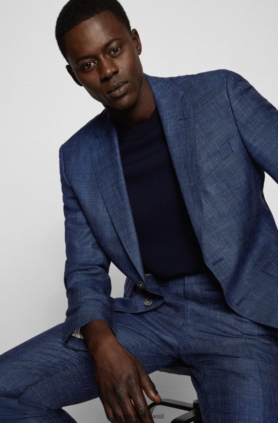 4TFNJN4498 أزرق Hugo Boss بدلة عادية من الصوف البكر والحرير والكتان باللون الأزرق