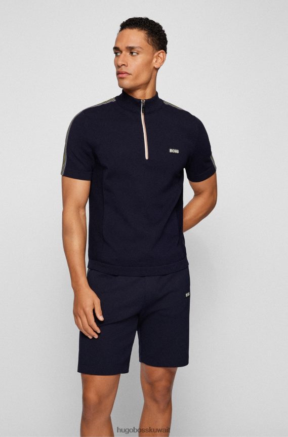 4TFNJN4504 أزرق غامق Hugo Boss قميص بولو مخطط بتفاصيل مع سحاب ربع هوغو باللون الأزرق الداكن