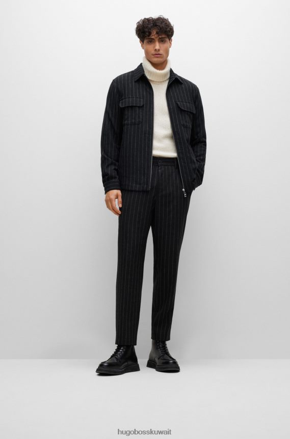 4TFNJN4510 أسود Hugo Boss بنطال بقصّة مدببة من قماش هوغو المطاطي ذو الخطوط الطباشيرية باللون الأسود