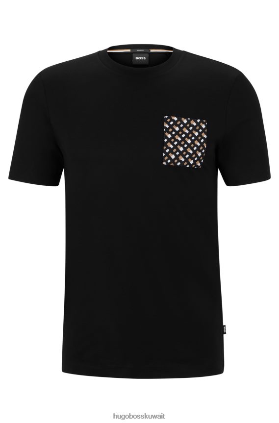4TFNJN4511 أسود Hugo Boss تيشيرت هوغو أسود من قطن ميرسيريسيد مع جيب على الصدر بحروف منقوشة