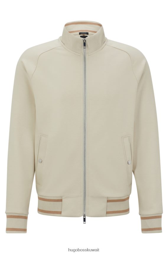 4TFNJN4514 البيج الفاتح Hugo Boss سويت شيرت من مزيج القطن بسحاب مع حواف مخططة باللون البيج الفاتح