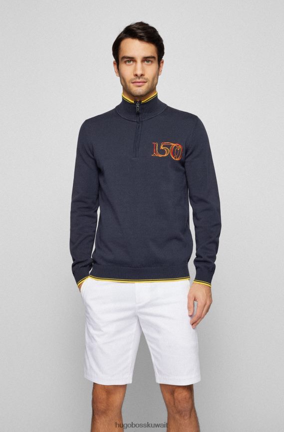 4TFNJN4519 أزرق غامق Hugo Boss سترة هوغو من القطن العضوي برقبة بسحاب مع تطريز بريطاني مفتوح، أزرق داكن