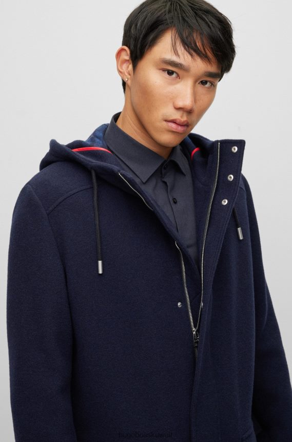 4TFNJN4531 أزرق غامق Hugo Boss معطف Hugo باللون الأزرق الداكن ذو المقاس العادي مع غطاء رأس برباط