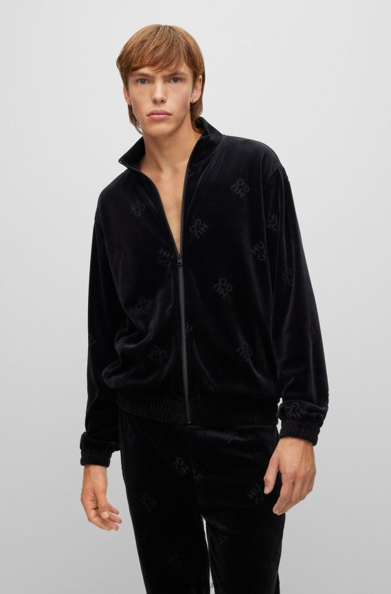 4TFNJN4536 أسود Hugo Boss سويت شيرت هوغو أسود بقصة مريحة وسحاب مع شعارات مكدسة