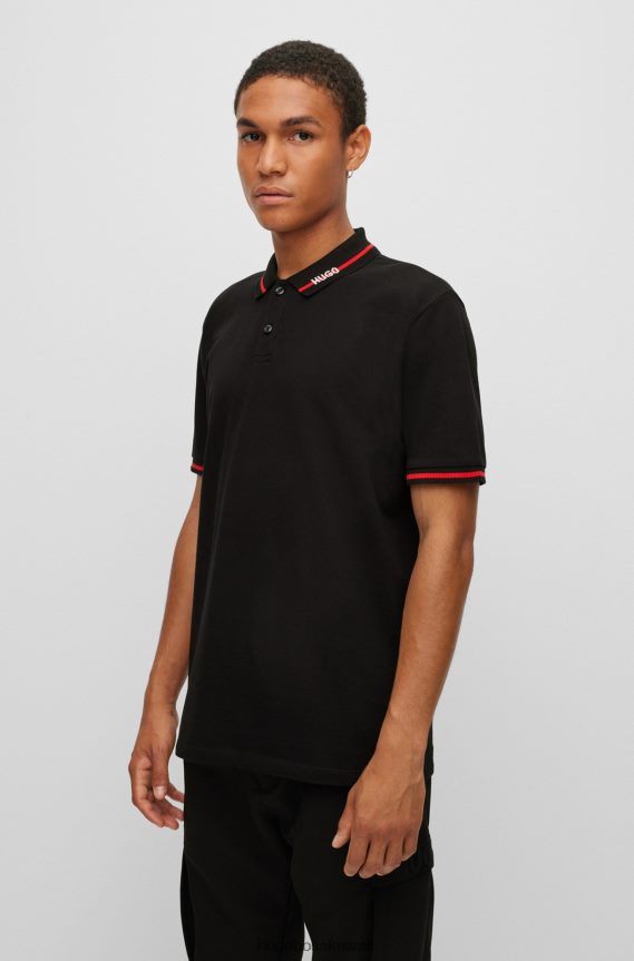 4TFNJN4541 أسود Hugo Boss قميص بولو بقصة عادية من قطن بيكيه © مع ياقة شعار هوغو باللون الأسود