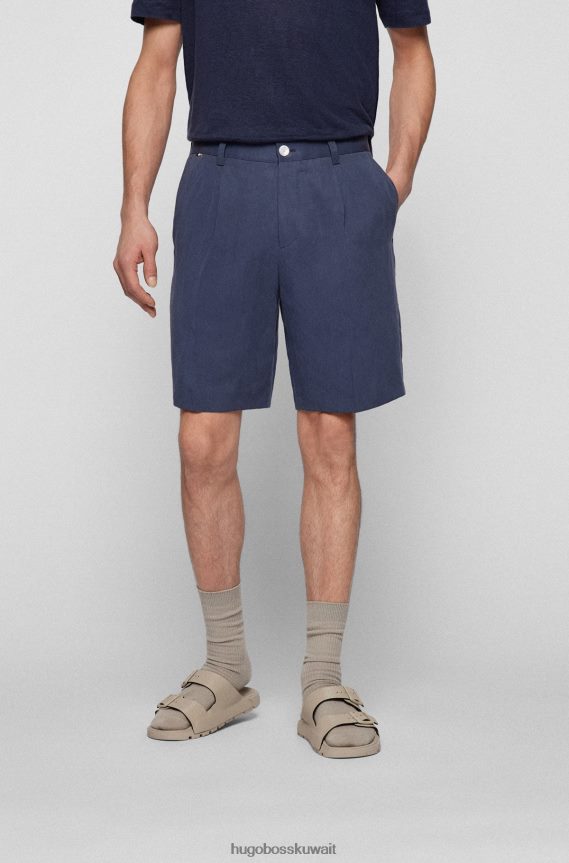4TFNJN4555 أزرق غامق Hugo Boss هوغو شورت مدبب باللون الأزرق الداكن مع ثنيات أمامية من مزيج الكتان