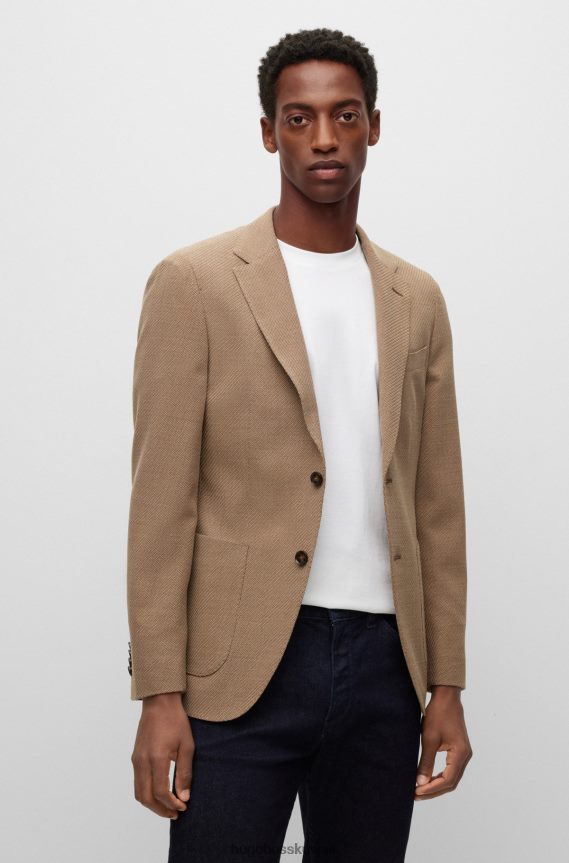 4TFNJN4557 البني الفاتح Hugo Boss جاكيت بقصّة ضيّقة من نسيج هوغو المصنوع من الصوف المطاطي باللون البني الفاتح