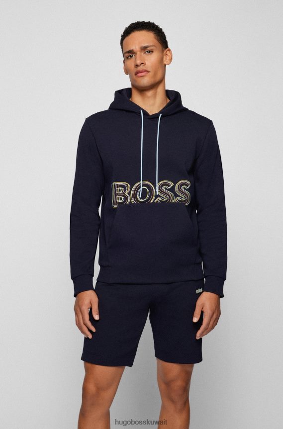4TFNJN4562 أزرق غامق Hugo Boss هودي من مزيج القطن من هوغو باللون الأزرق الداكن مع شعار متعدد الألوان