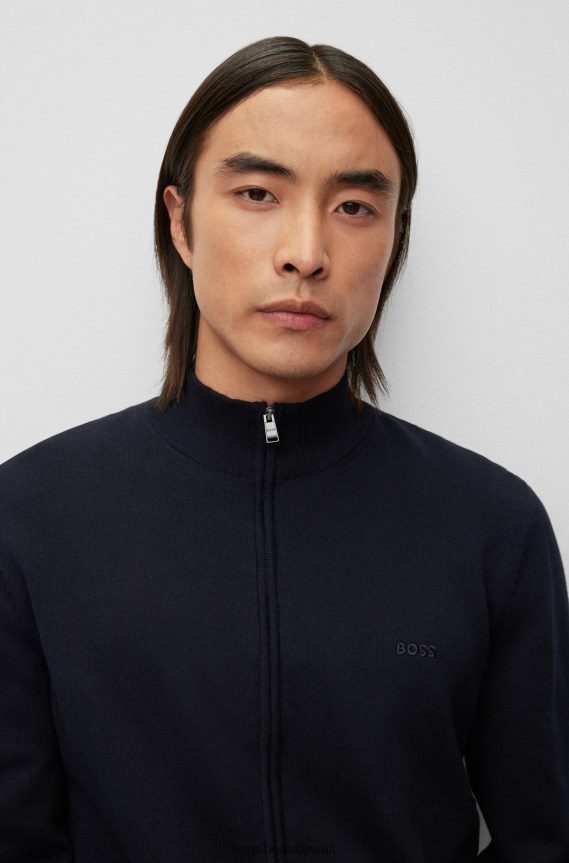 4TFNJN4564 أزرق غامق Hugo Boss سترة هوغو بقصة عادية ومطرزة بشعار الماركة من القطن المنظم باللون الأزرق الداكن