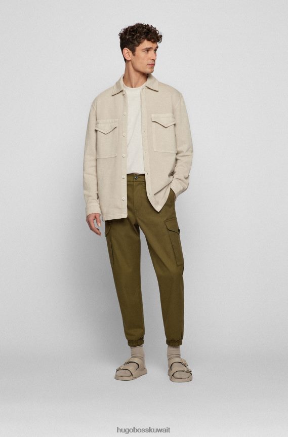 4TFNJN4573 أخضر Hugo Boss بنطال كارجو من مزيج القطن مع حواف مميزة باللون الأخضر