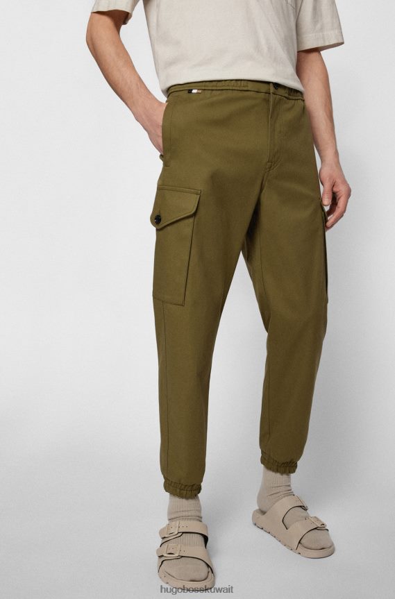 4TFNJN4573 أخضر Hugo Boss بنطال كارجو من مزيج القطن مع حواف مميزة باللون الأخضر
