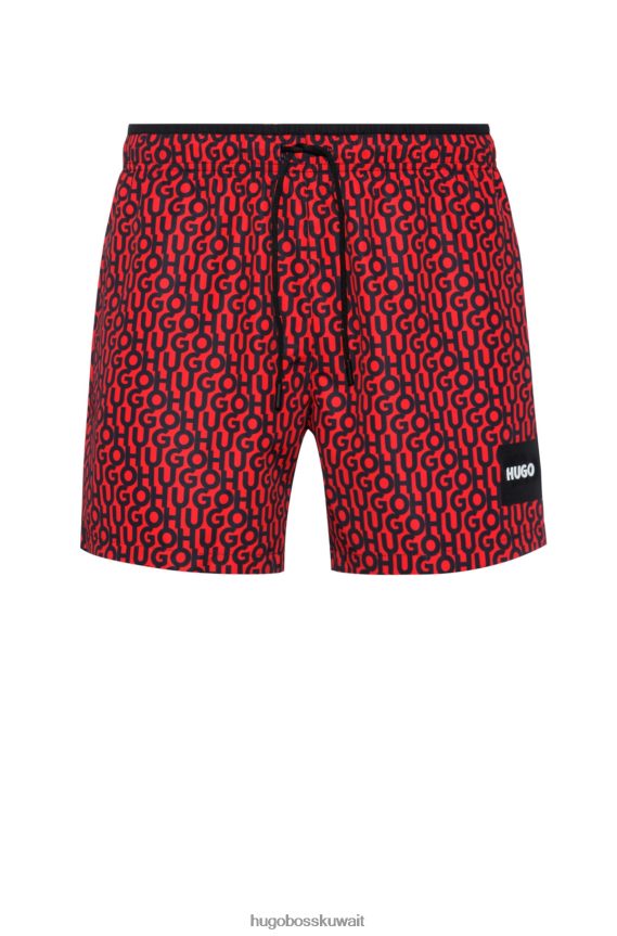 4TFNJN4587 منقوشة باللون الأحمر Hugo Boss هوغو شورت سباحة سريع الجفاف بطبعة شعار منقوش باللون الأحمر مع ملصق العلامة التجارية