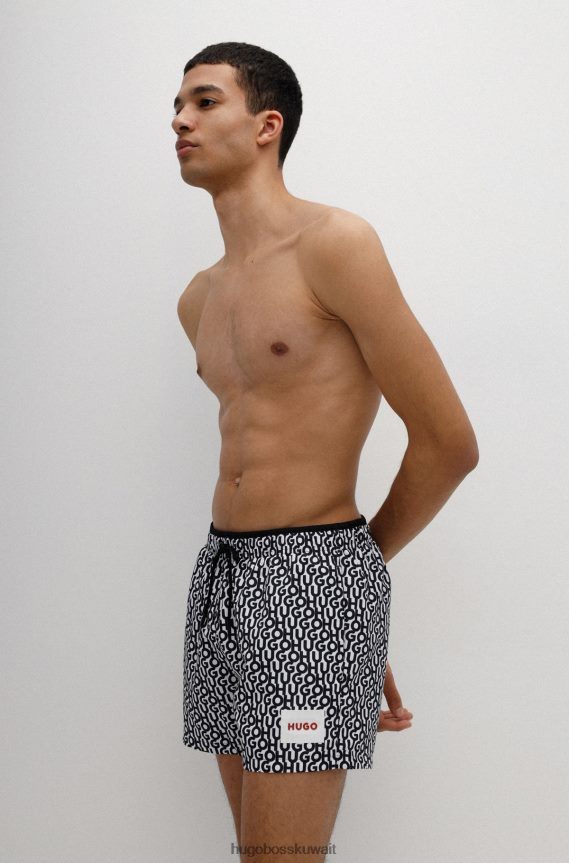 4TFNJN4588 منقوشة سوداء Hugo Boss شورت سباحة سريع الجفاف بطبعة شعار Hugo مع نقش أسود يحمل العلامة التجارية