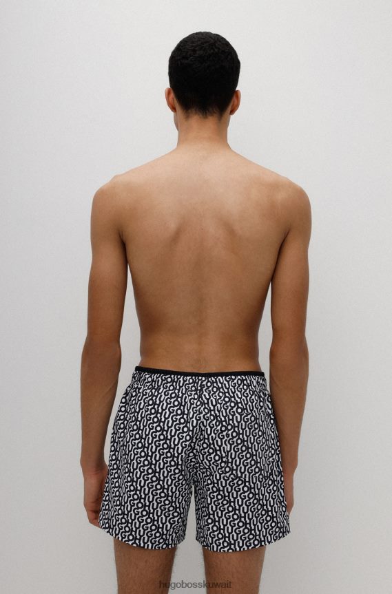 4TFNJN4588 منقوشة سوداء Hugo Boss شورت سباحة سريع الجفاف بطبعة شعار Hugo مع نقش أسود يحمل العلامة التجارية