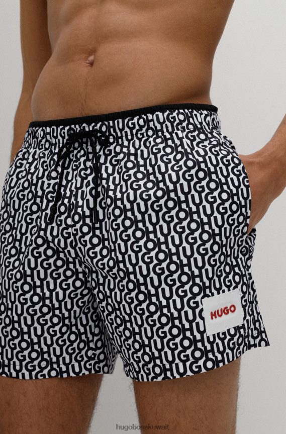 4TFNJN4588 منقوشة سوداء Hugo Boss شورت سباحة سريع الجفاف بطبعة شعار Hugo مع نقش أسود يحمل العلامة التجارية