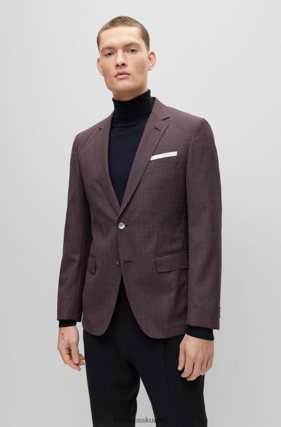 4TFNJN4589 بني Hugo Boss سترة بقصّة ضيّقة مصنوعة من نسيج هوغو البني المضلع من الصوف البكر