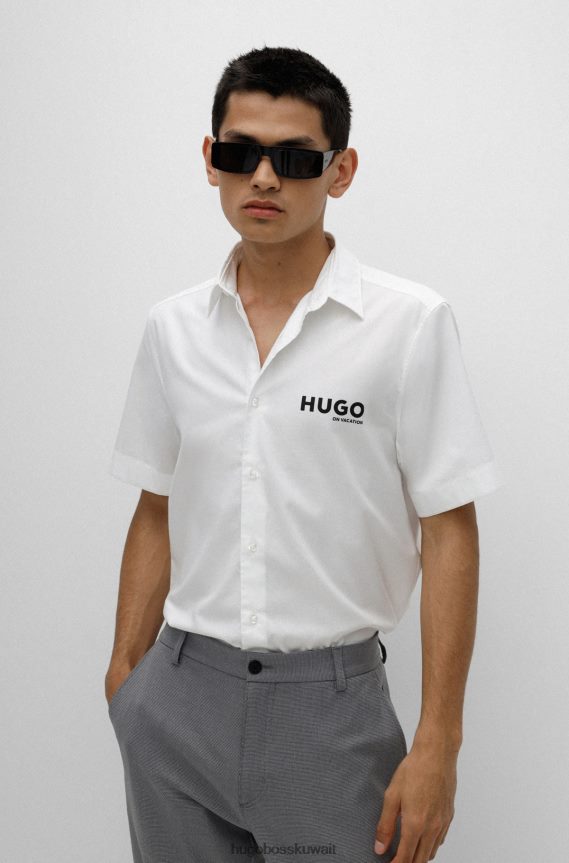 4TFNJN4590 أبيض Hugo Boss قميص أبيض مريح لقضاء العطلات مصنوع من مزيج القطن