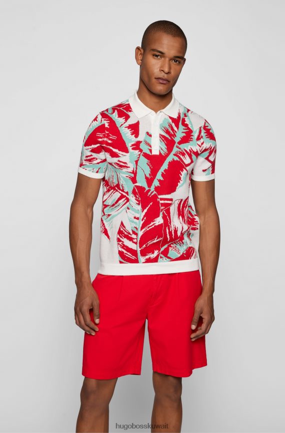 4TFNJN4595 أحمر Hugo Boss سترة بولو من القطن العضوي من هوغو بنمط أوراق الشجر باللون الأحمر