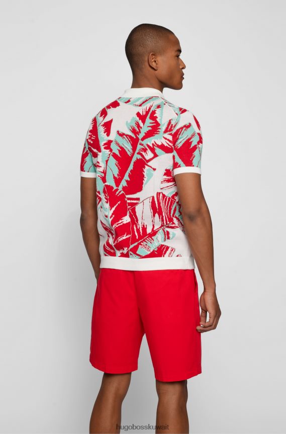 4TFNJN4595 أحمر Hugo Boss سترة بولو من القطن العضوي من هوغو بنمط أوراق الشجر باللون الأحمر