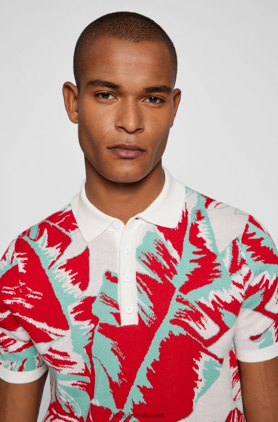 4TFNJN4595 أحمر Hugo Boss سترة بولو من القطن العضوي من هوغو بنمط أوراق الشجر باللون الأحمر