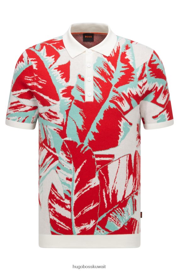 4TFNJN4595 أحمر Hugo Boss سترة بولو من القطن العضوي من هوغو بنمط أوراق الشجر باللون الأحمر