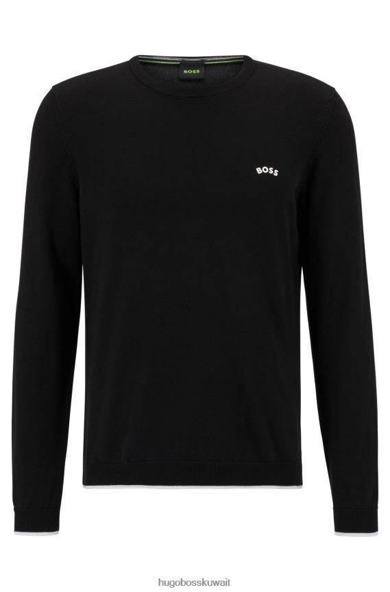 4TFNJN4610 أسود Hugo Boss سترة سوداء من القطن العضوي بقصة عادية مع شعار هوغو منحني