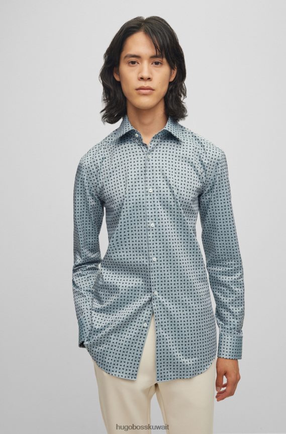 4TFNJN4611 اخضر فاتح Hugo Boss قميص بقصّة ضيّقة مصنوع من قطن هوغو المتعرج بطبعات هندسية باللون الأخضر الفاتح