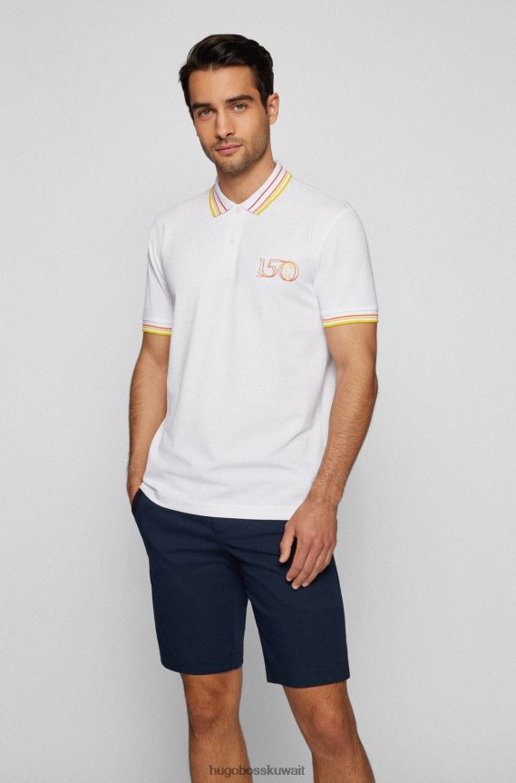 4TFNJN4612 أبيض Hugo Boss قميص بولو أبيض من مزيج القطن من هوغو مع عمل فني بريطاني مفتوح