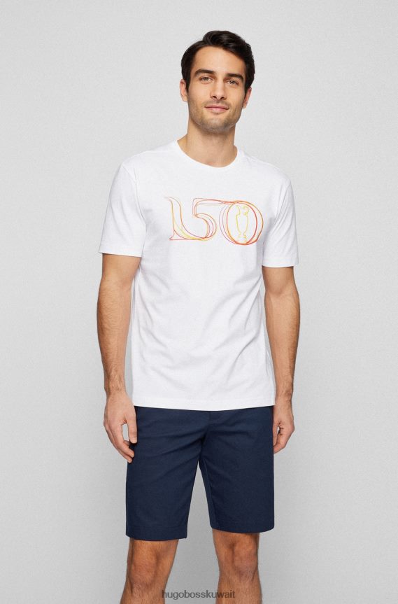 4TFNJN4616 أبيض Hugo Boss تي شيرت أبيض من القطن المطاطي مع عمل فني بريطاني مفتوح