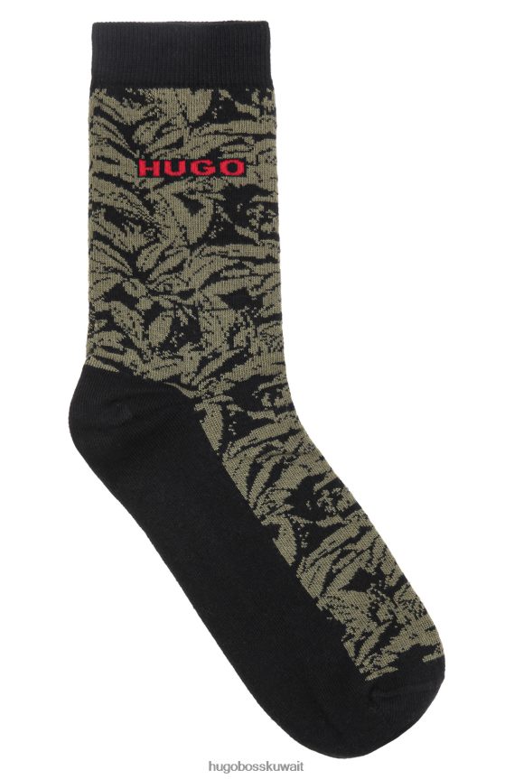 4TFNJN4619 أسود Hugo Boss جوارب Hugo سوداء ربع الطول بنمط أوراق الشجر وشعار