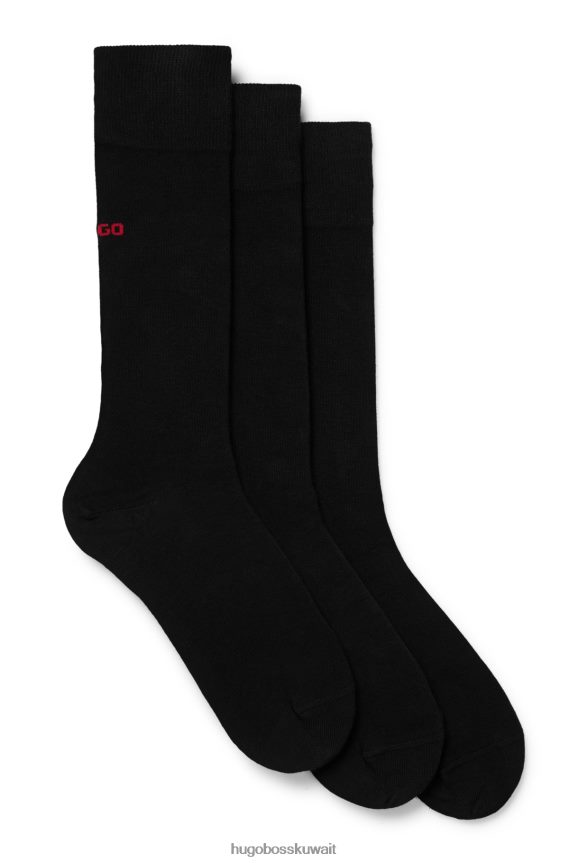 4TFNJN4629 أسود Hugo Boss حزمة من ثلاثة جوارب بالطول العادي مع تفاصيل الشعار باللون الأسود Hugo