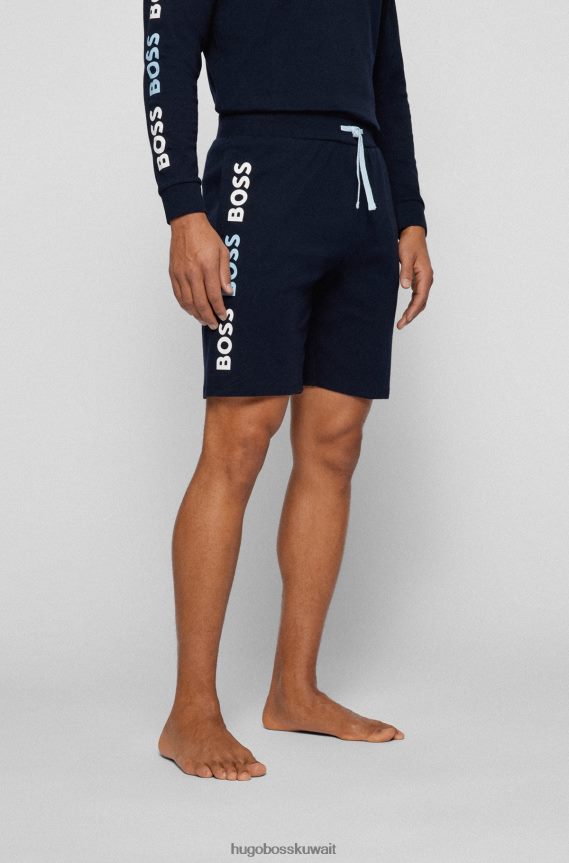 4TFNJN4639 أزرق غامق Hugo Boss شورت من القطن المتشابك مع شعارات متكررة باللون الأزرق الداكن