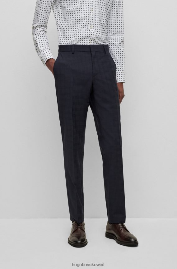 4TFNJN4640 أزرق غامق Hugo Boss بنطلون أزرق داكن بقصة ضيقة مصنوع من قماش المربعات مع هوغو من الصوف البكر