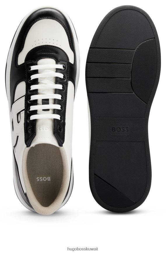 4TFNJN4649 أبيض أسود Hugo Boss حذاء رياضي هوغو برباط ونعل أبيض مصنوع من جلد نابا الصناعي