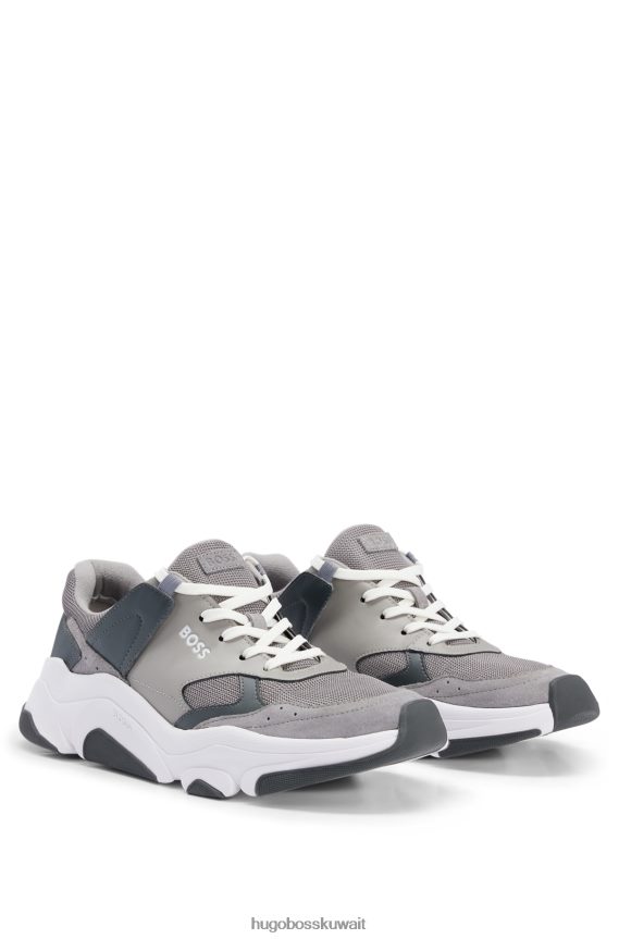 4TFNJN4653 رمادي فاتح Hugo Boss حذاء رياضي برباط من مواد مختلطة مع جلد هوغو باللون الرمادي الفاتح