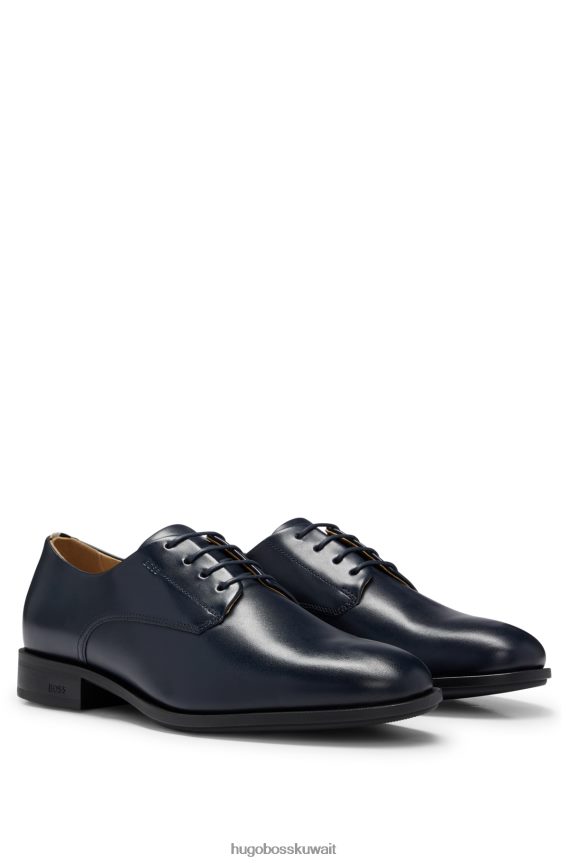 4TFNJN4678 أزرق غامق Hugo Boss أحذية جلدية بدون كعب مع شعار Emed ونعل خارجي خفيف الوزن