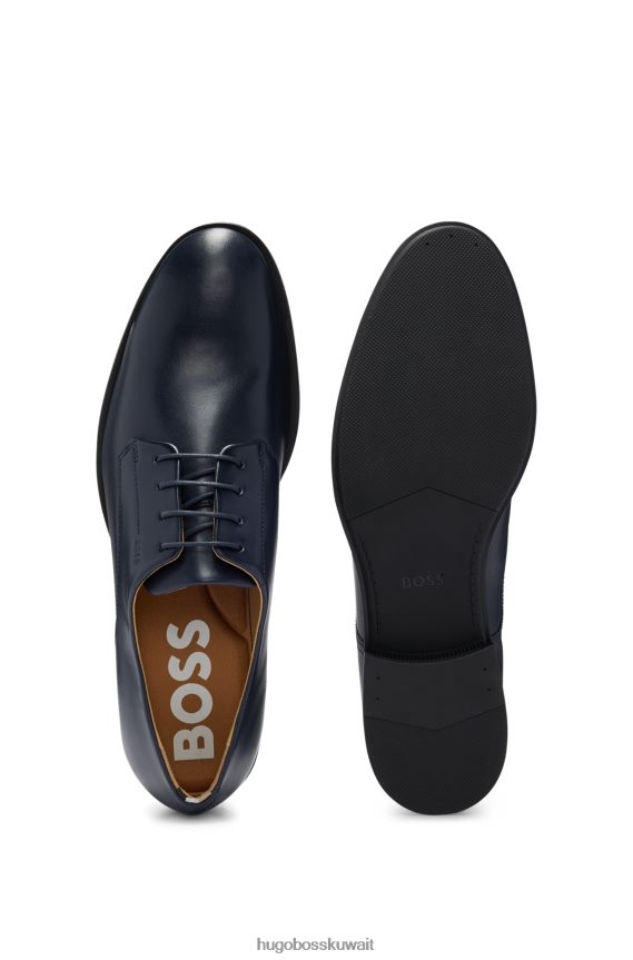 4TFNJN4678 أزرق غامق Hugo Boss أحذية جلدية بدون كعب مع شعار Emed ونعل خارجي خفيف الوزن