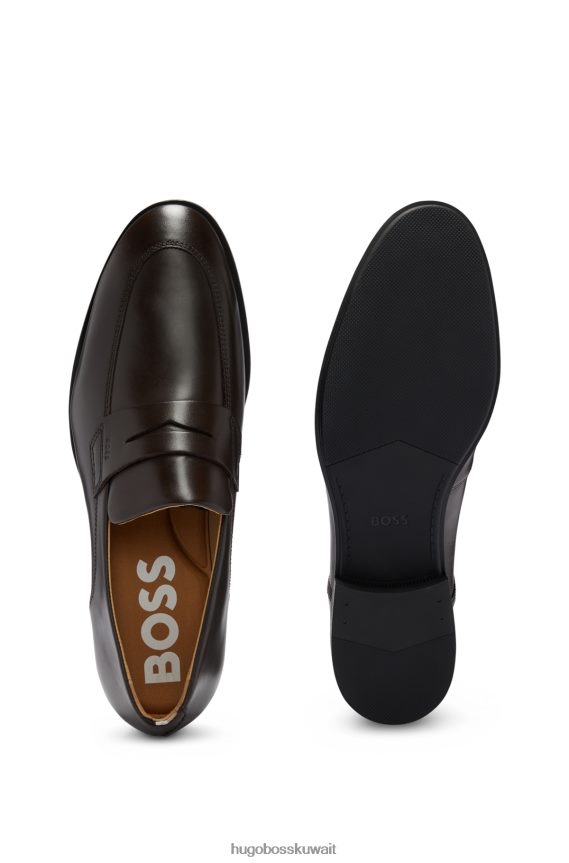 4TFNJN4679 بني غامق Hugo Boss حذاء بدون كعب من الجلد مع شعار Emed Hugo ونعل خارجي خفيف الوزن