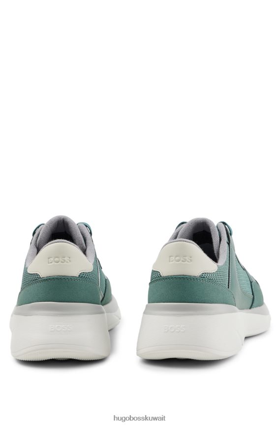 4TFNJN4704 أخضر Hugo Boss حذاء رياضي هجين مع جلد مربوط وهوجو أخضر شبكي