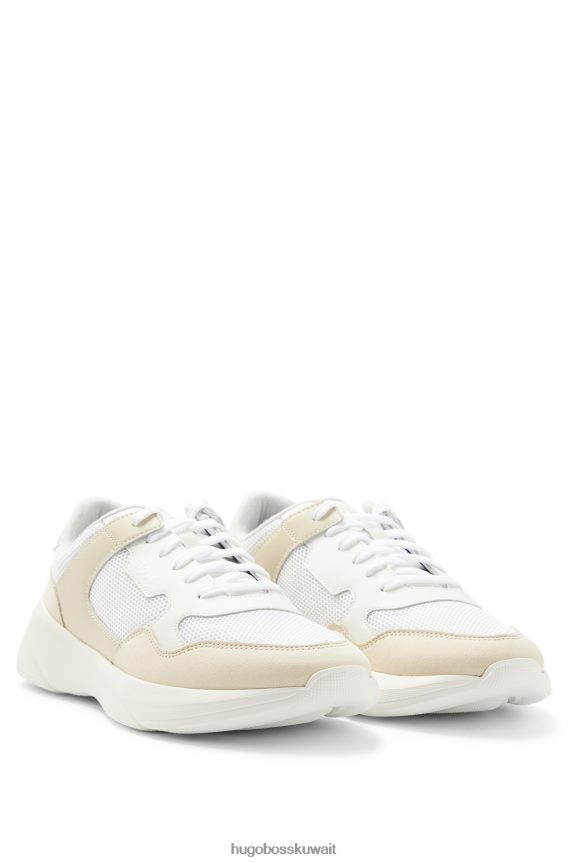 4TFNJN4705 أبيض Hugo Boss حذاء رياضي أبيض هجين مع جلد مربوط وشبكة هوغو
