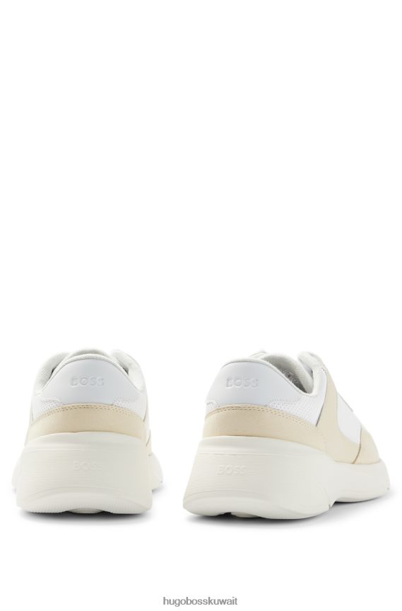4TFNJN4705 أبيض Hugo Boss حذاء رياضي أبيض هجين مع جلد مربوط وشبكة هوغو